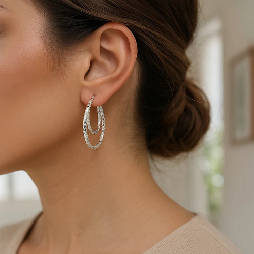 Sterling Silver Double Oval Textured Hoop Earrings