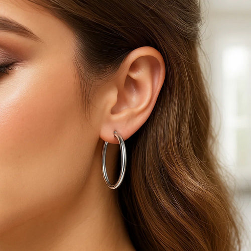 14k White Gold Polished Hoop Earrings (3x25mm)