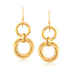 14k Yellow Gold Two-Layer Earrings with Polished and Textured Round Motifs