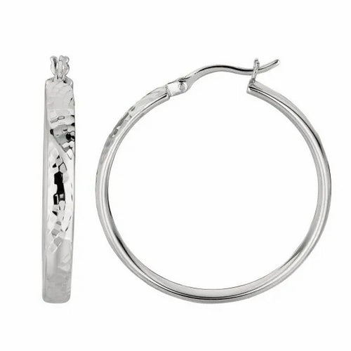 Sterling Silver Hammered Style Hoop Earrings with Rhodium Plating (4x30mm)