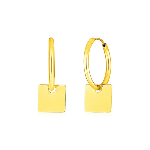 14k Yellow Gold Huggie Style Hoop Earrings with Square Drops
