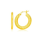 14k Yellow Gold Greek Key Medium Hoop Earrings with Flat Sides
