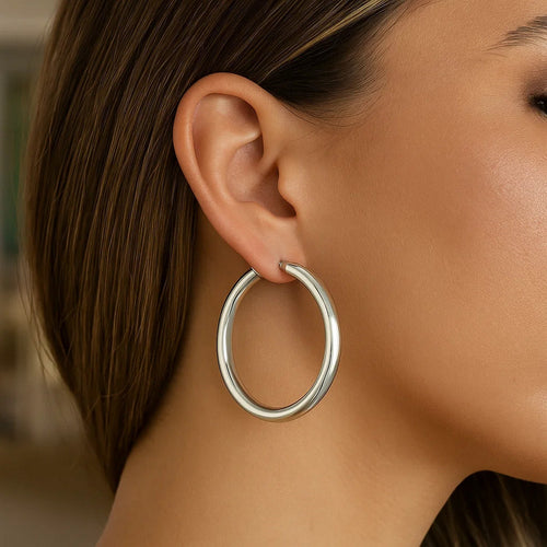 Sterling Silver Rhodium Plated Thick Large Polished Hoop Design Earrings(4x40mm)