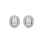 Sterling Silver Beaded Oval Bezel Set Cubic Zirconia Earrings