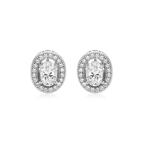 Sterling Silver Beaded Oval Bezel Set Cubic Zirconia Earrings