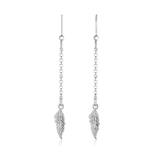 Sterling Silver Textured Leaf and Chain Dangle Earrings