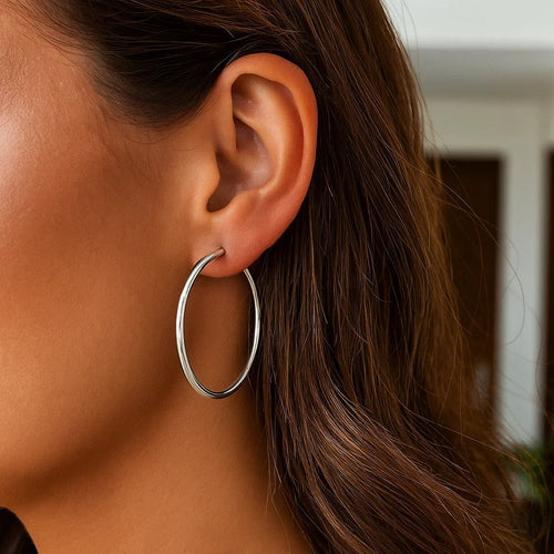 Sterling Silver Rhodium Plated Thin and Polished Hoop Style Earrings (2x35mm)