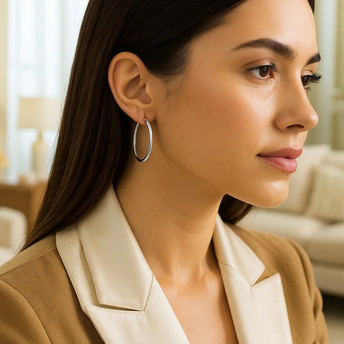 Sterling Silver Rhodium Plated Polished Motif Hoop Earrings (3x35mm)