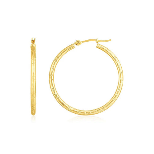 14K Yellow Gold Diamond Cut Hoop Earrings(2x30mm)