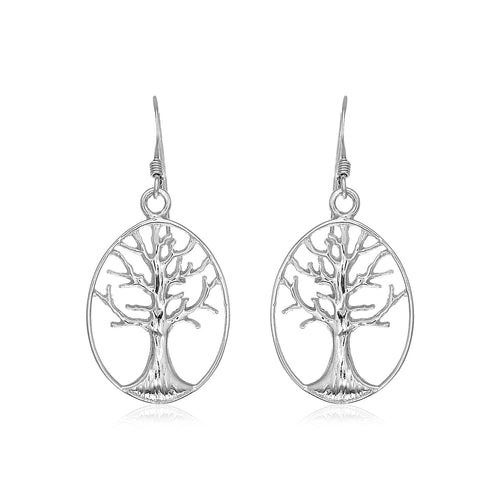 Sterling Silver Oval Round Tree of Life Earrings